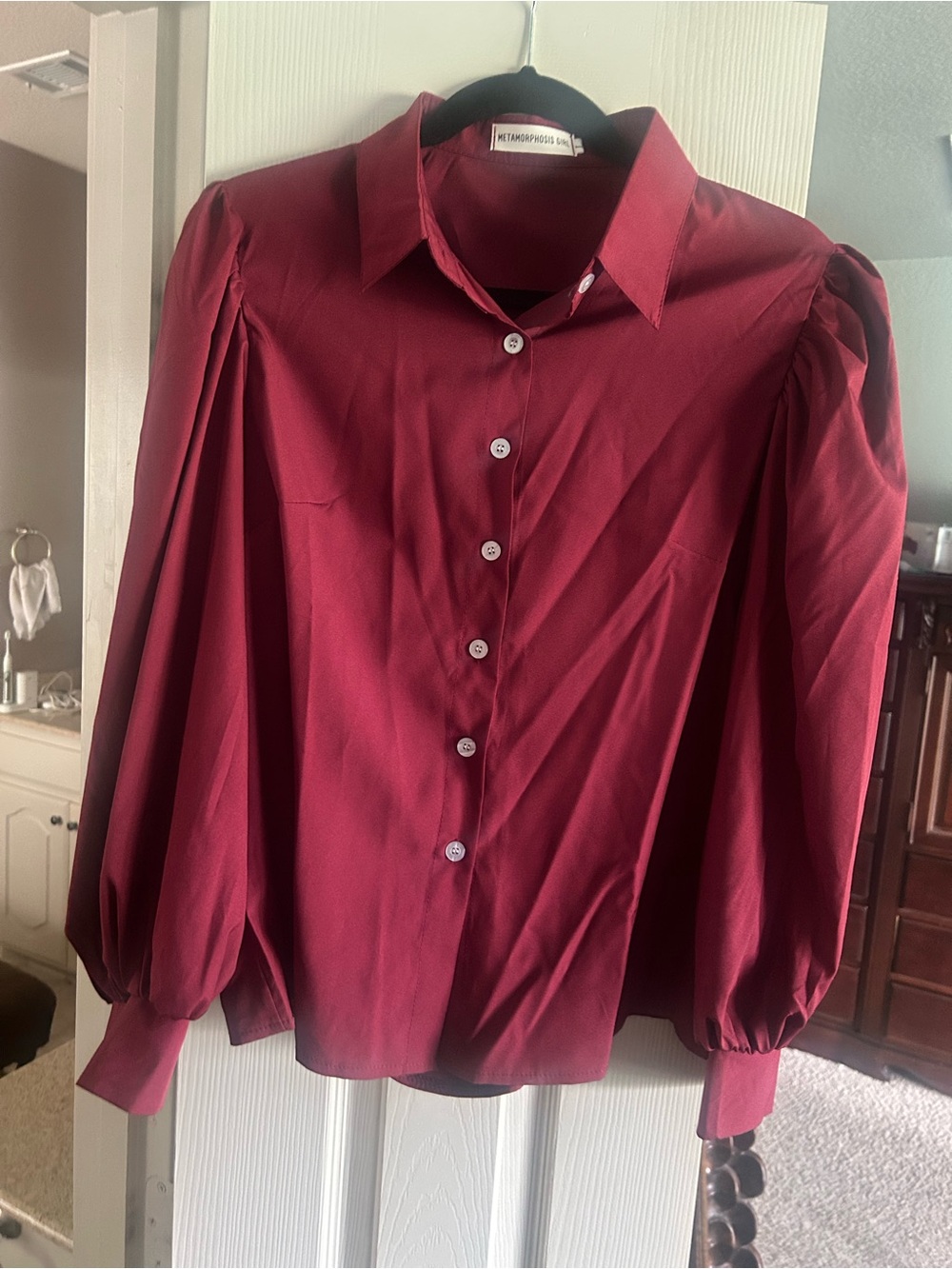 Metamorphosis Girl Burgundy Puff-Sleeve Button-Front Blouse